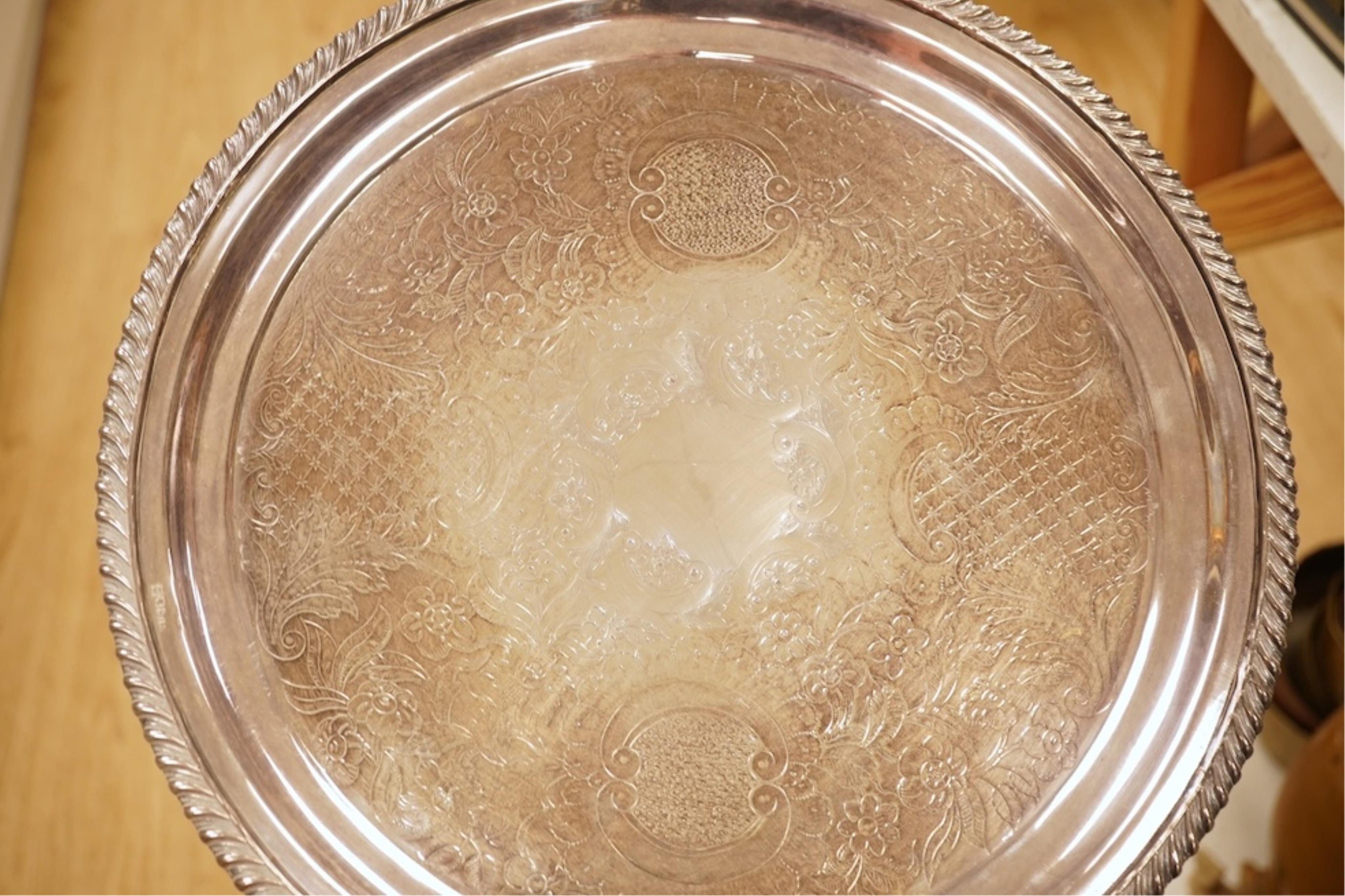 A Regency Old Sheffield Plate samovar and two silver plated trays, largest 70cm